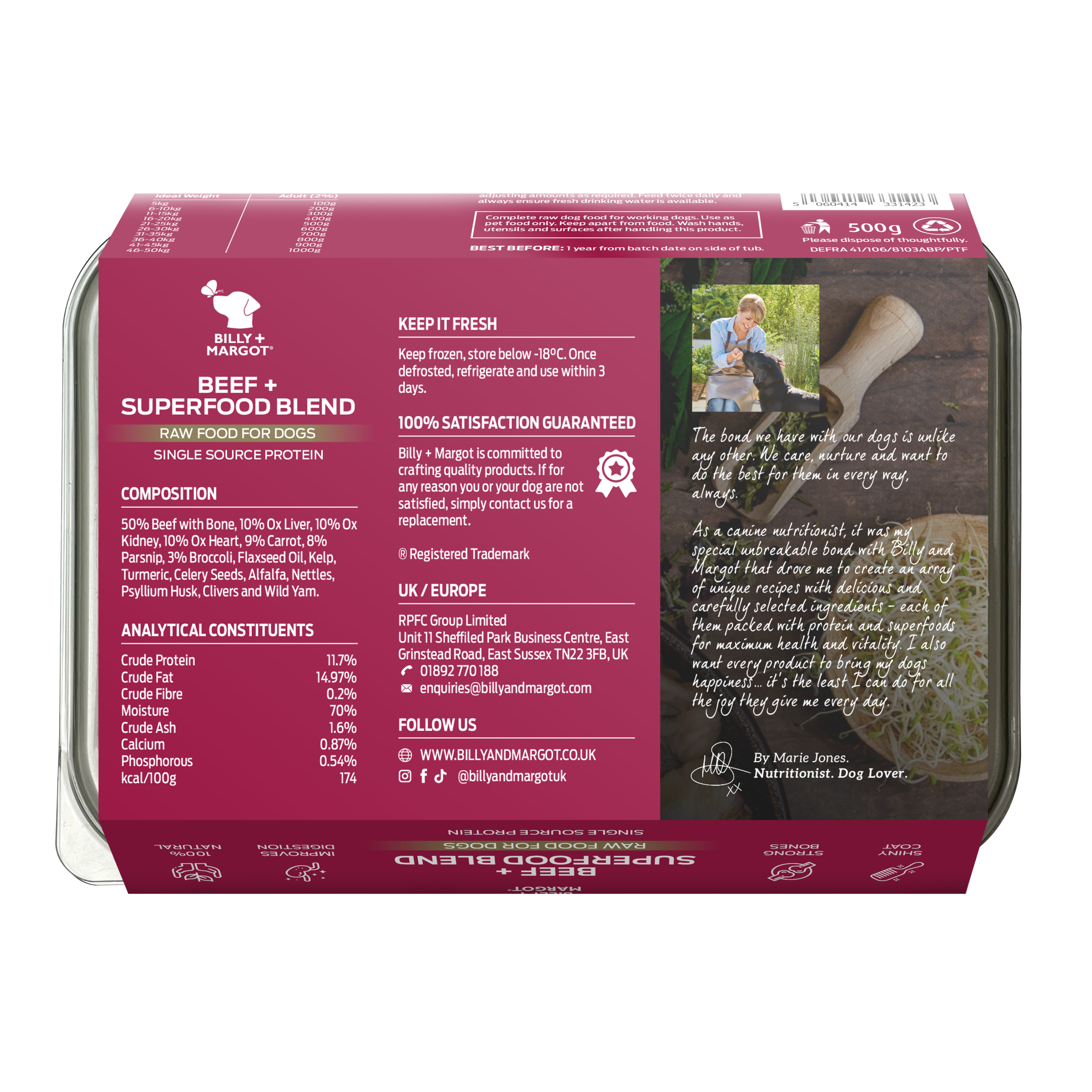 back of the pack of premium raw dog food, grain free and 100% natural