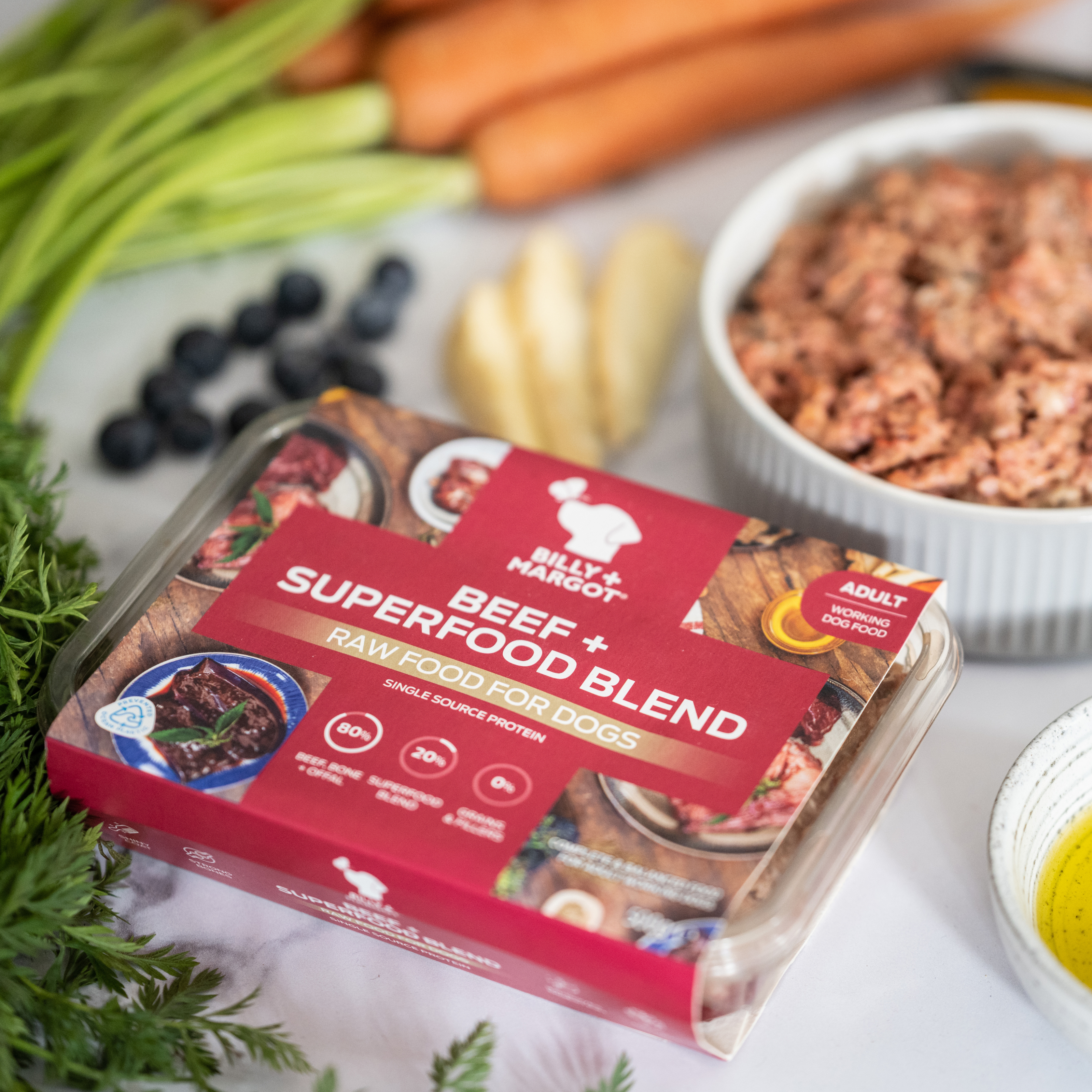 natural beef complete raw dog food ingredients with beef prime cuts of meat, bone, offal and natural vegetables and superfood