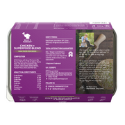 back of pack of chicken premium raw dog food with meat, bone, offal and vegetables. Grain free and nutritionally balanced and complete.