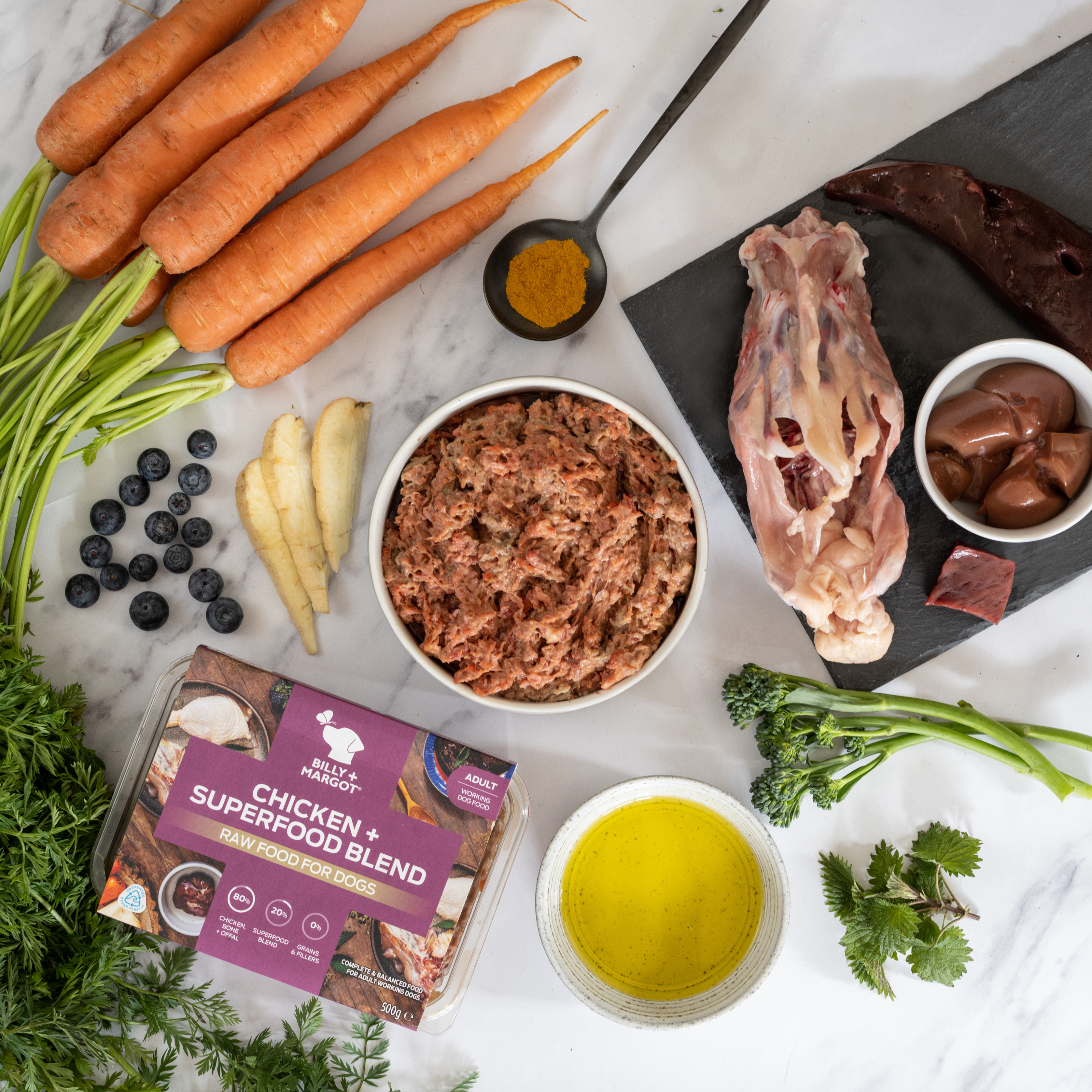 nutritious grain free raw dog food ingredients including human grade meat, bone and offal with seasonal veegetables and our superfood blend. 