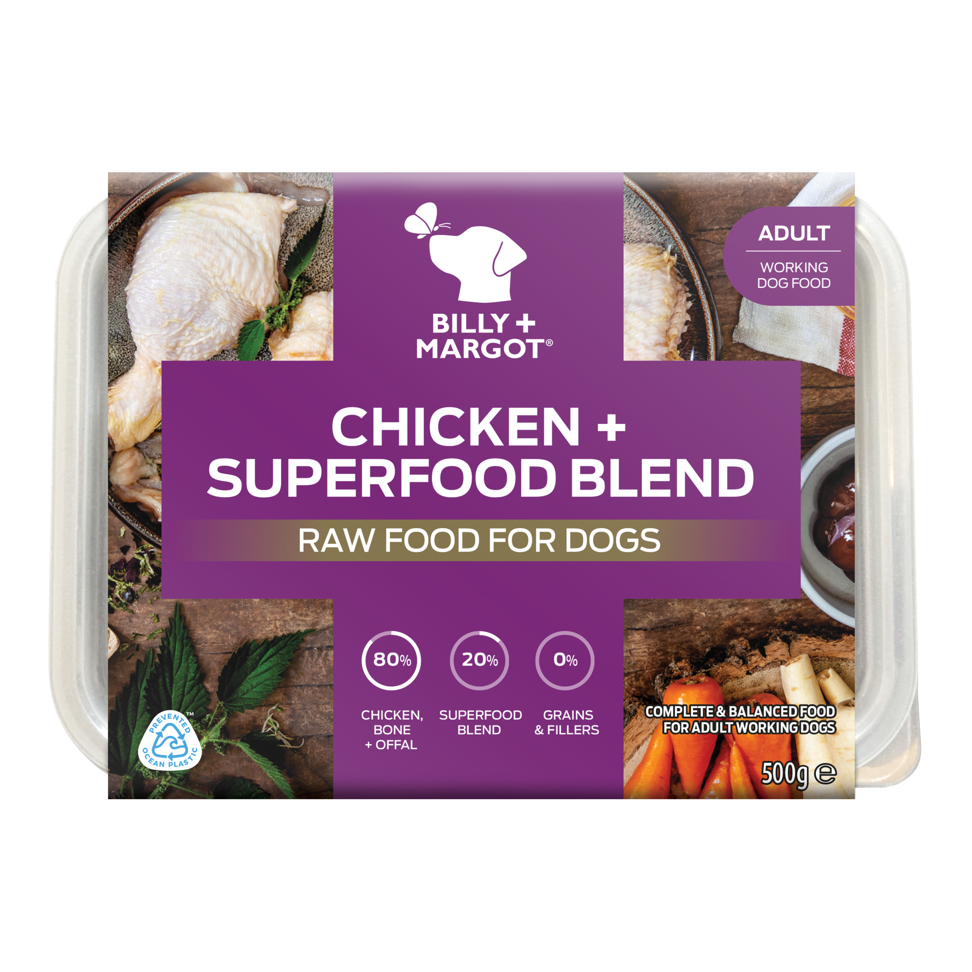 chicken natural raw dog food, premium raw food with meat, bone, offal and vegetables.