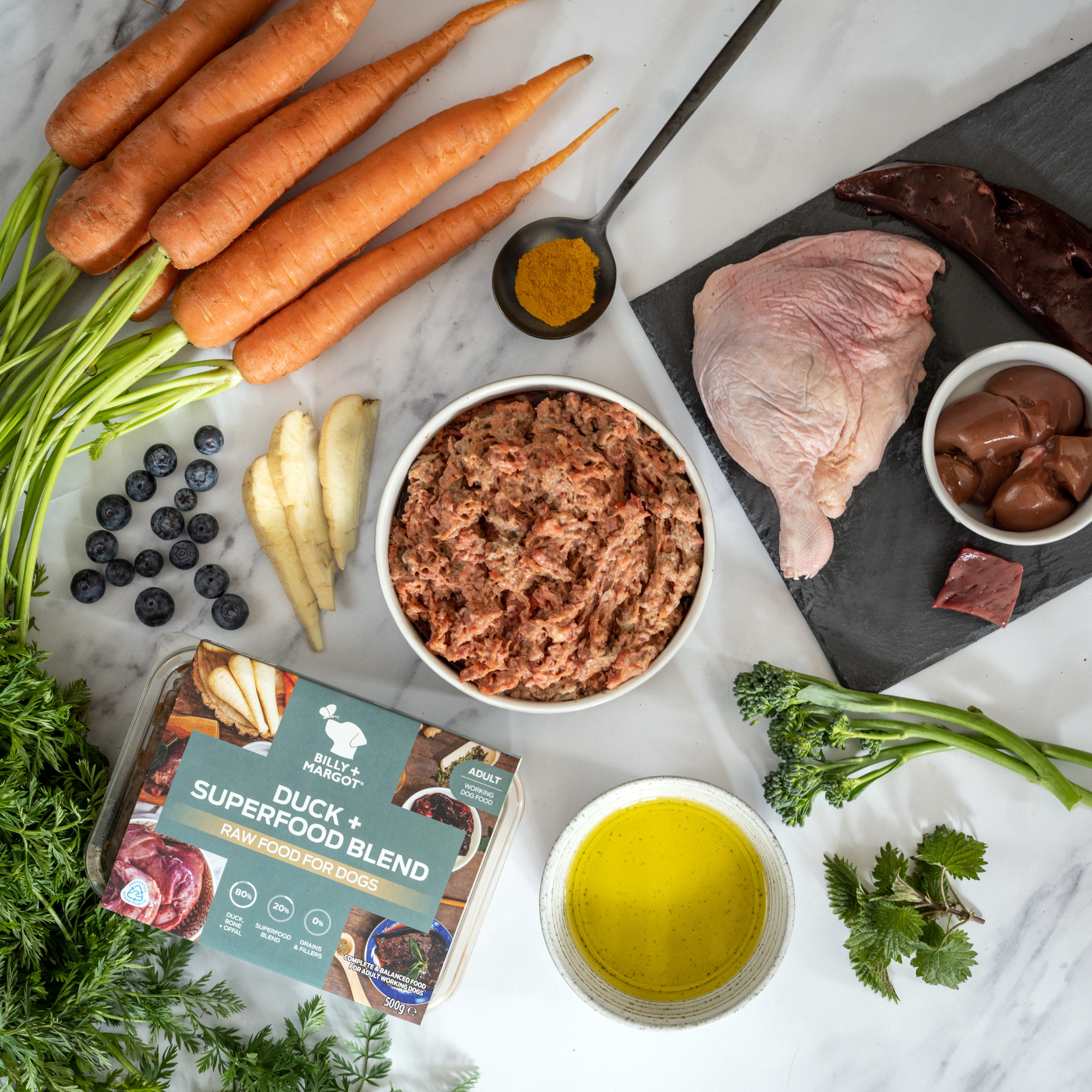 delicious and nutritious duck raw dog food ingredients including human grade meat, bone, offal, seasonal vegetables and our superfood blend. Grain free