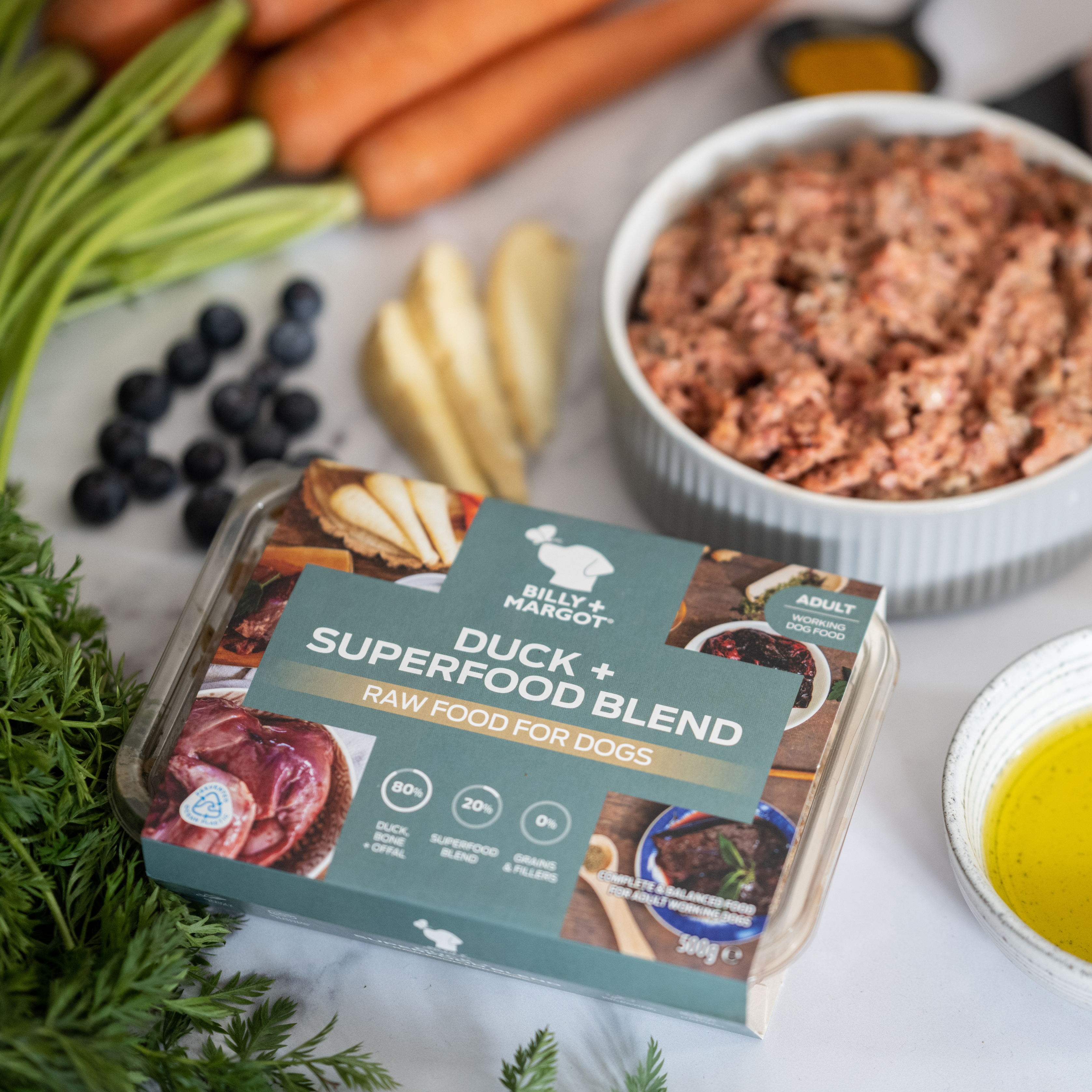 grain free raw dog food ingredients include premium duck meat, bone, offal, seasonal vegetables and a unique superfood blend.d