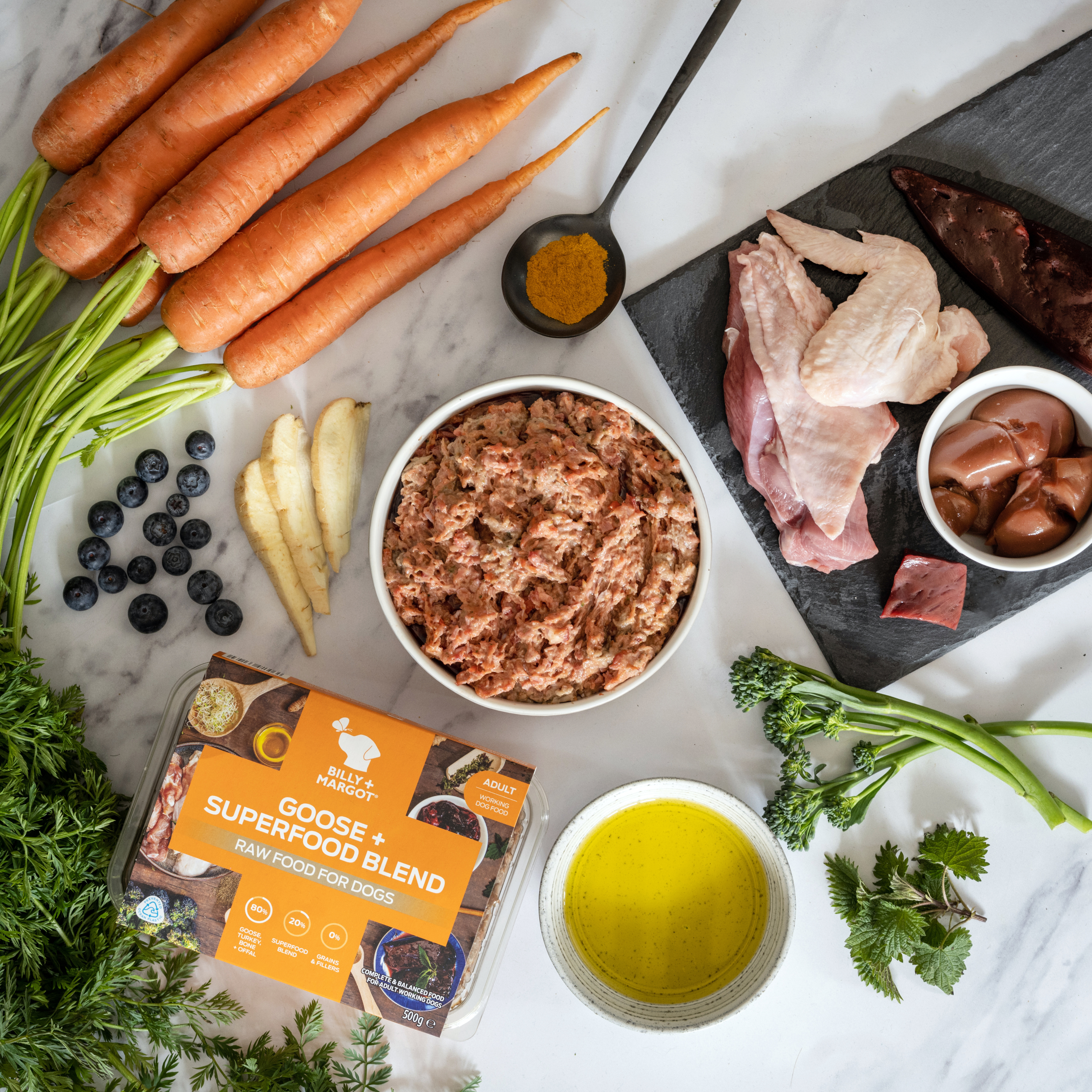 delicious goose raw dog food with 80% meat. bone and offal with seasonal vegetables and a superfood blend. Complete and balanced natural fresh raw dog food