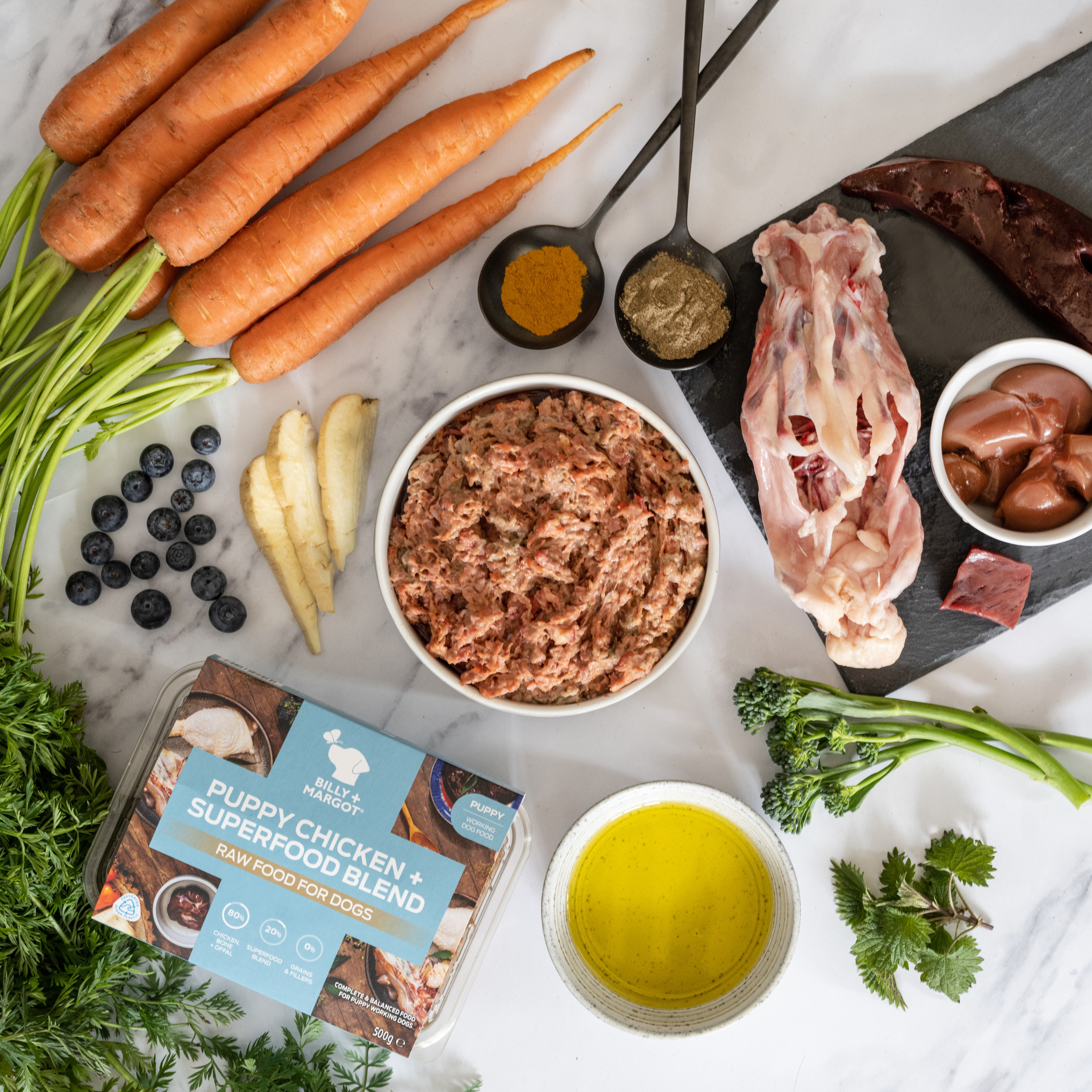 puppy chicken raw dog food ingredients. Made with human-grade chicken, bone, offal, seasonal vegetables and a natural superfood blend. Grain free and nutritionally complete and balanced