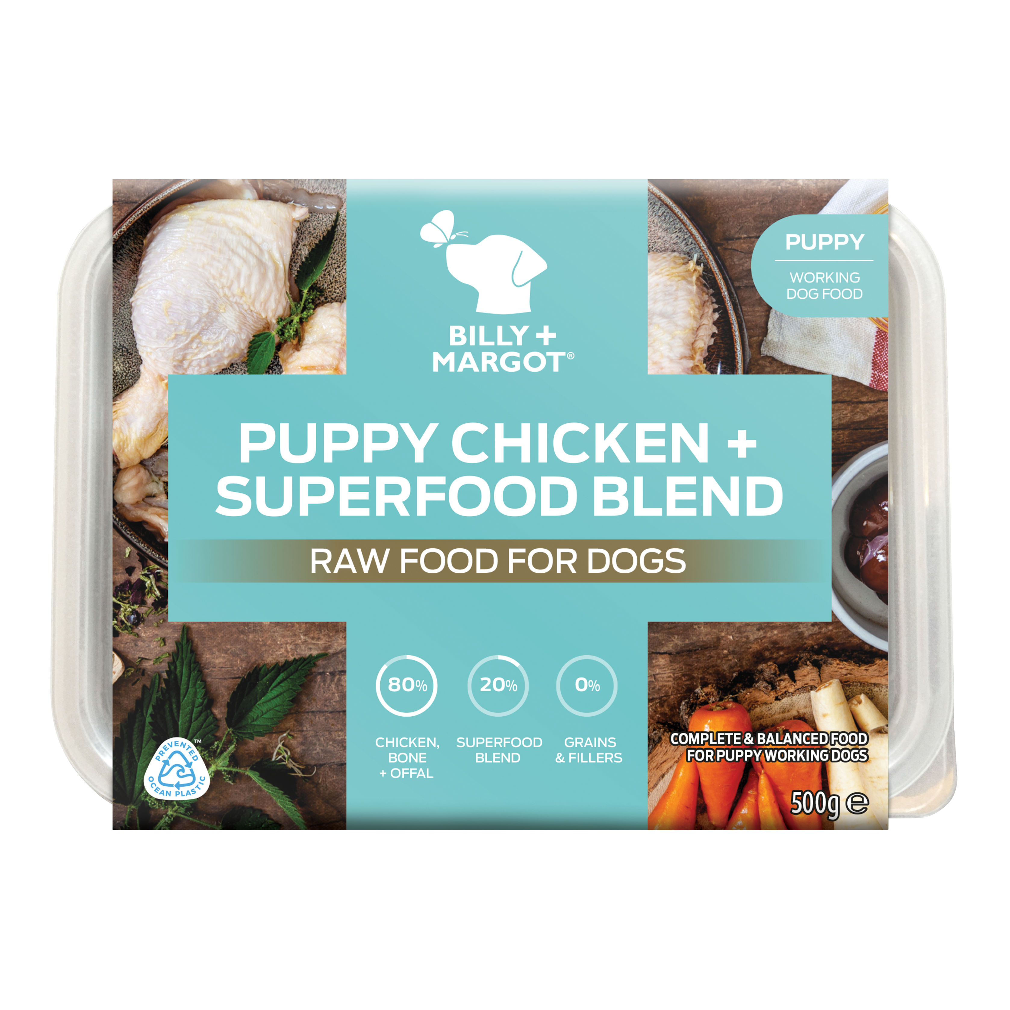 puppy chicken raw dog food, grain free, complete and balanced with human-grade  meat, bone and offal with seasonal vegetables and our unique superfood blend