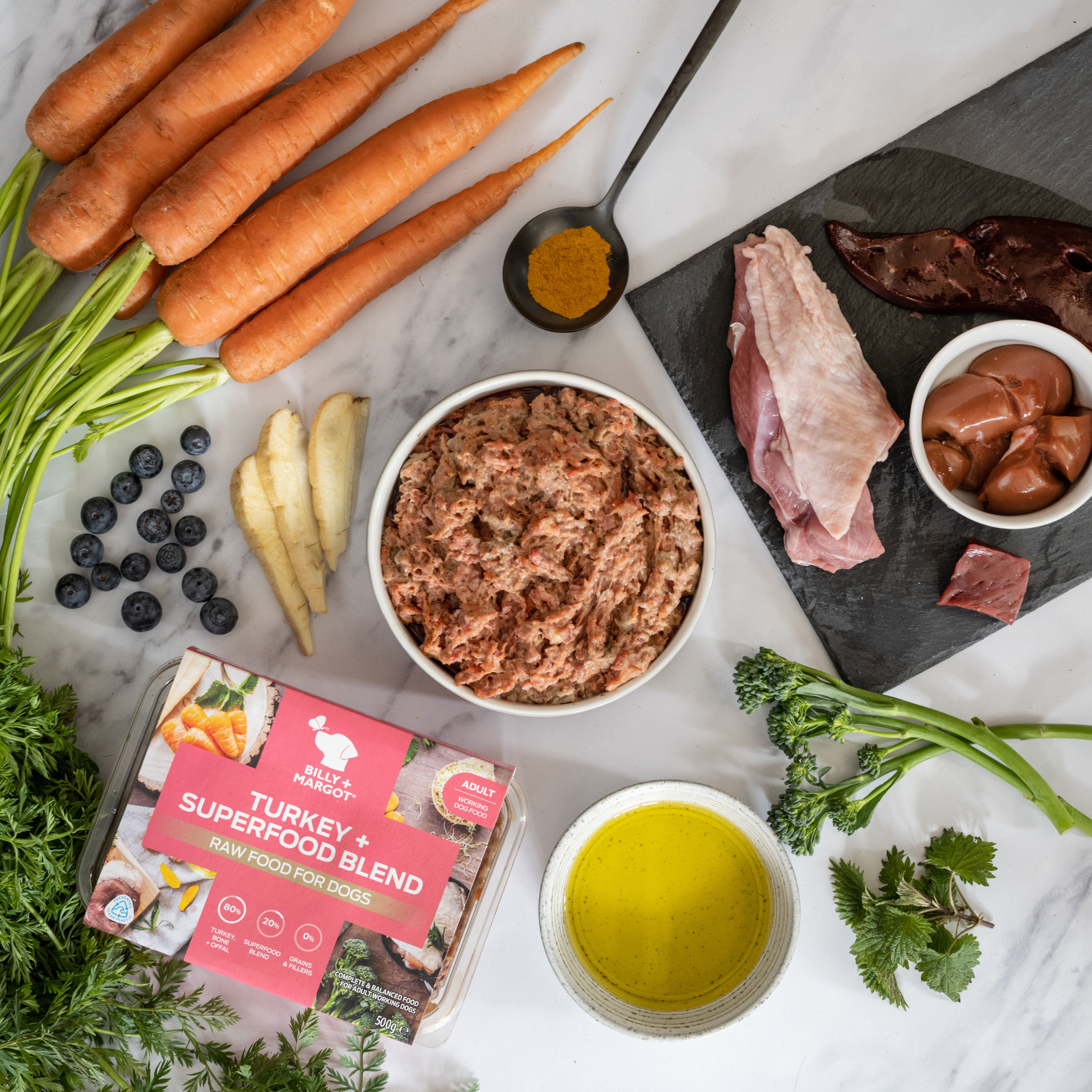 Turkey raw dog food ingredients, including human-grade turkey meat, bone, offal and 20% seasonal vegetables with our unique superfood blend. Grain free, complete and balanced.