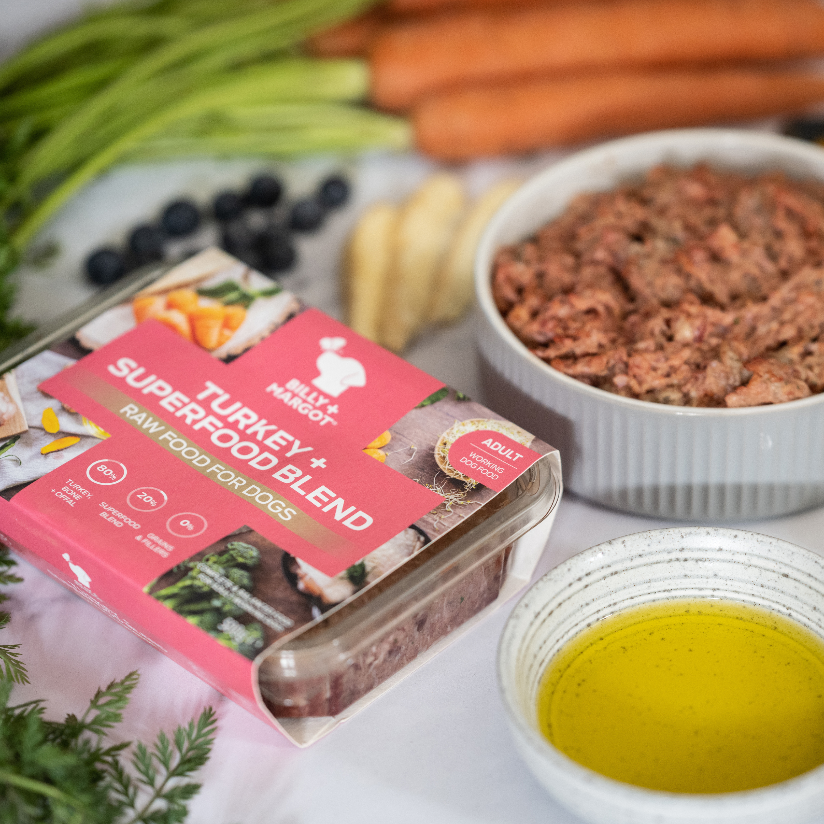 Natural fresh frozen raw dog food. Ingredients include human-grade turkey, bone, offal, vegetables and our superfood blend. Grain free and nutritionally complete and balanced.