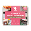 Turkey raw dog food, grain free, nutritionally complete and balanced made with premium ingredients, human-grade meat, bone, offal, seasonal vegetables and our superfood blend.